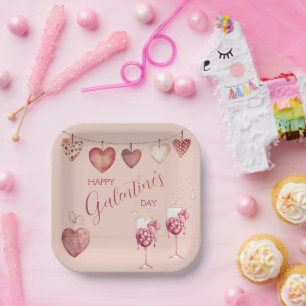 Festive Galentine's Day Wine Glasses and Hearts Paper Plates