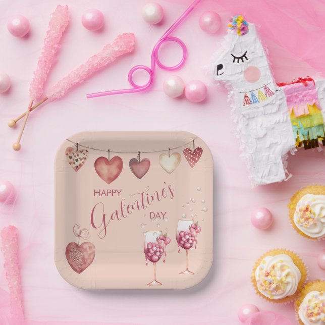 Festive Galentine's Day Wine Glasses and Hearts  Paper Plates (Party)