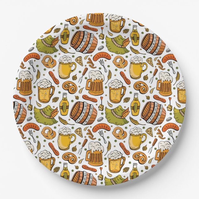 Festive German Oktoberfest Beer and Sausages  Paper Plates (Front)