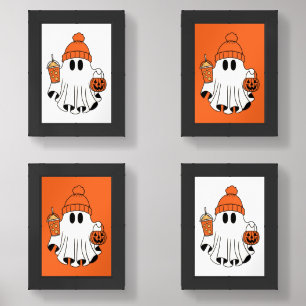 Festive Ghost with Pumpkin Basket & Iced Latte Wall Art Sets