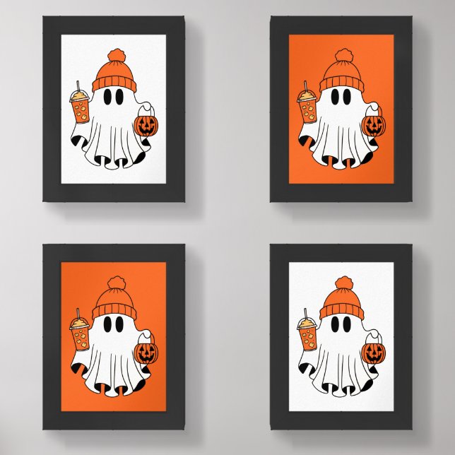 Festive Ghost with Pumpkin Basket & Iced Latte Wall Art Sets (Front)