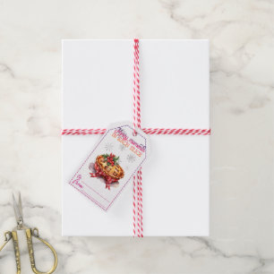 Festive gift tags with pie and holly