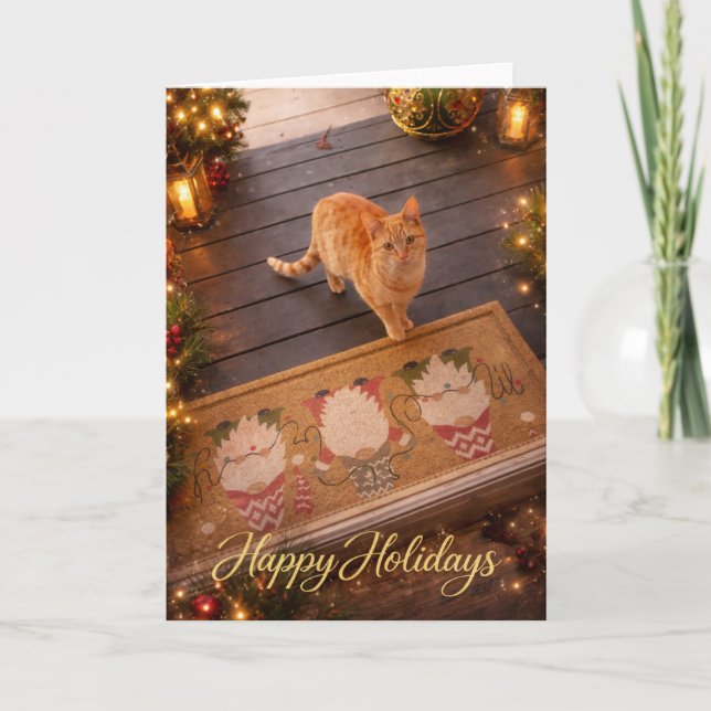 Festive Ginger Cat Holiday Greeting Card (Front)
