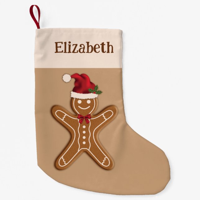 Festive Gingerbread Christmas Cookie & Custom Name Small Christmas Stocking (Front)