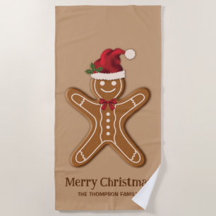 Festive Gingerbread Christmas Cookie With Text Beach Towel