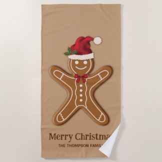 Festive Gingerbread Christmas Cookie With Text Beach Towel