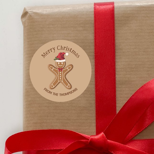 Festive Gingerbread Christmas Cookie With Text Classic Round Sticker (Festive design ideal for decorating Christmas gifts, party favors, cards and other Holiday things.)