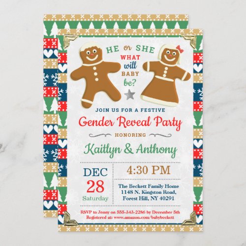 Festive Gingerbread Christmas Gender Reveal Party Invitation