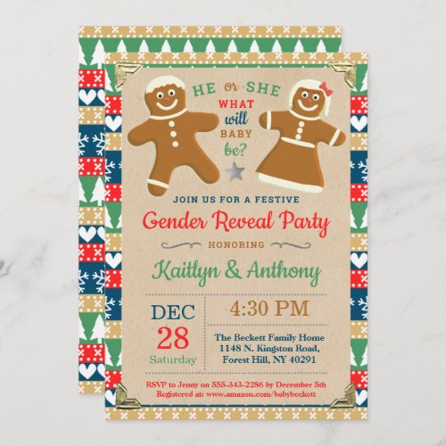 Festive Gingerbread Christmas Gender Reveal Party Invitation