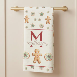 Festive Gingerbread Family Name Retro Farmhouse Kitchen Towel