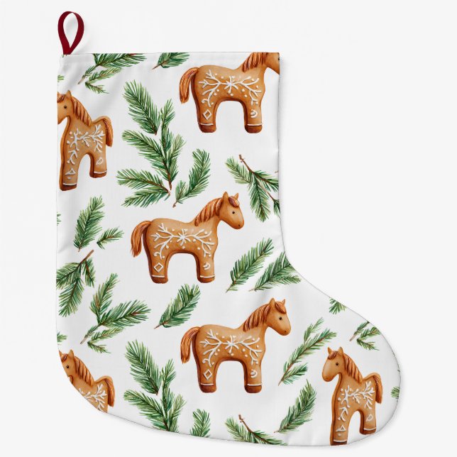 Festive Gingerbread Horse & Pine Pattern Large Christmas Stocking (Front)
