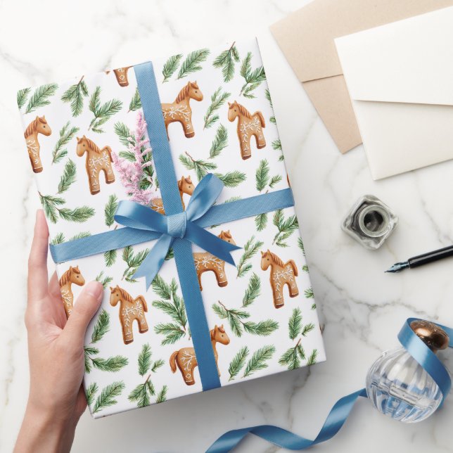 Festive Gingerbread Horse & Pine Pattern Wrapping Paper (Gifting)