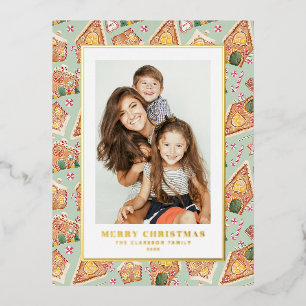 Festive Gingerbread House Mint Photo Christmas Foil Holiday Postcard
