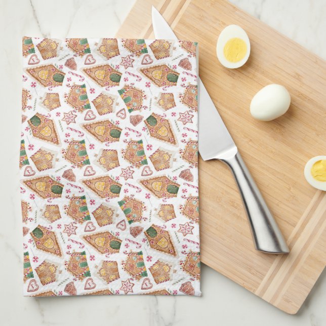 Festive Gingerbread House Pattern White Christmas Kitchen Towel (Quarter Fold)