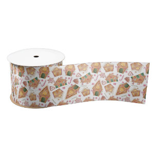 Festive Gingerbread House Pattern White Christmas Satin Ribbon