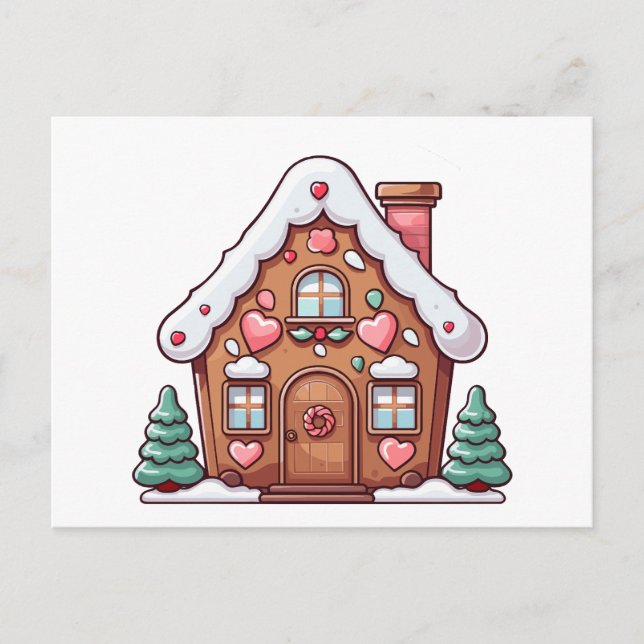 Festive Gingerbread House with Hearts Holiday Postcard (Front)