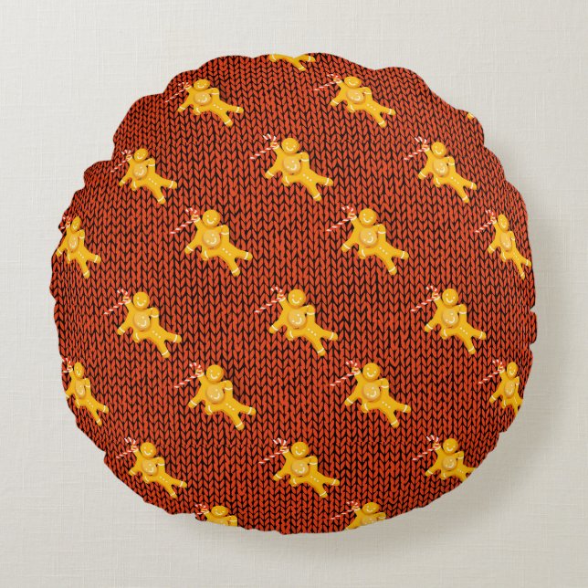 Festive Gingerbread Man & Knit Pattern Christmas Round Pillow (Front)