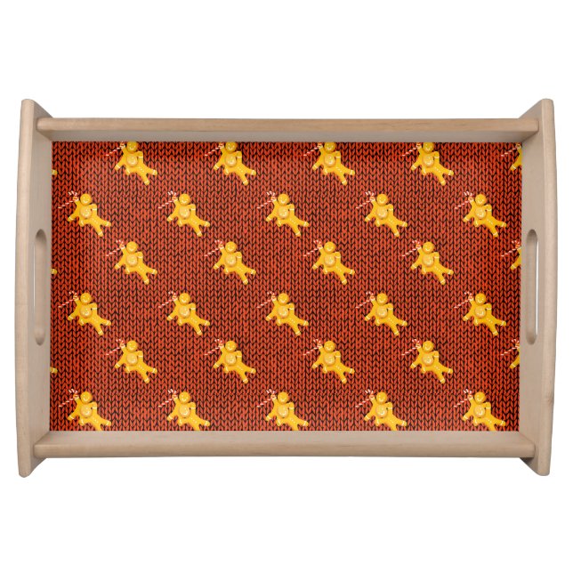 Festive Gingerbread Man & Knit Pattern Christmas Serving Tray (Front)