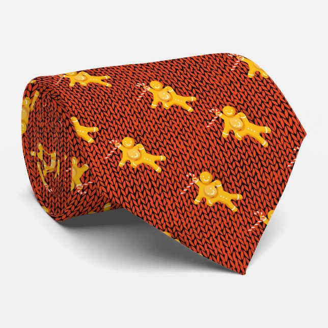 Festive Gingerbread Man on Cozy Knit Christmas Neck Tie (Rolled)