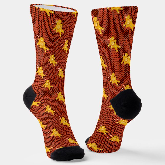Festive Gingerbread Man on Cozy Knit Christmas Socks (Angled)