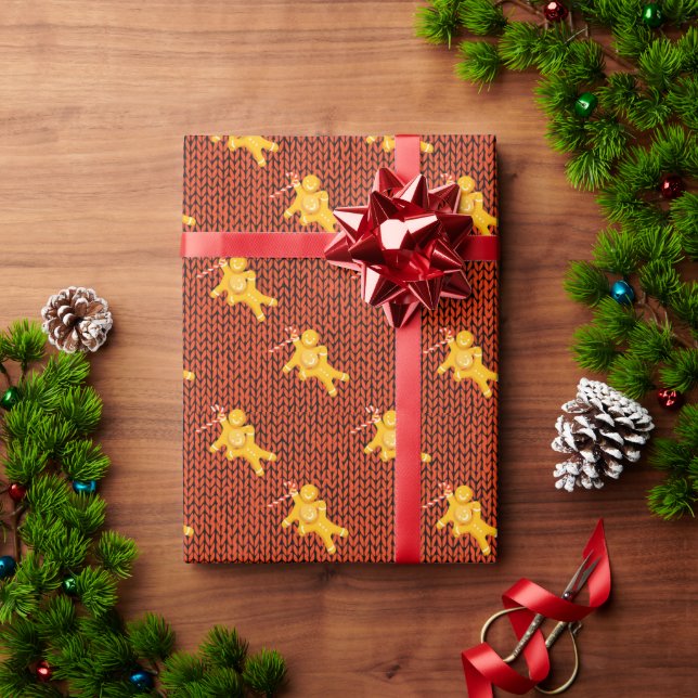 Festive Gingerbread Man on Cozy Knit Christmas  Wrapping Paper (Holiday Gift)
