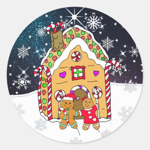 Festive Gingerbread Men and House Christmas Classic Round Sticker