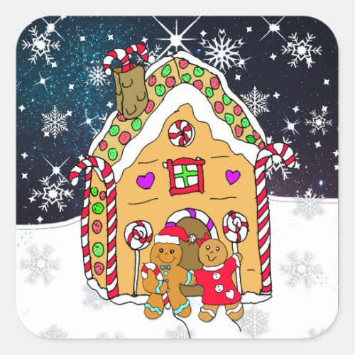 Festive Gingerbread Men and House Christmas Square Sticker