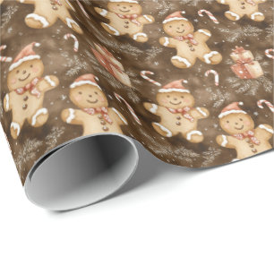 Festive Gingerbread Men with Gifts & Snowflakes Wrapping Paper