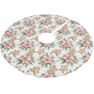 Festive Gingerbread Men with Pink Poinsettias Brushed Polyester Tree Skirt
