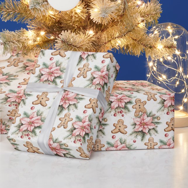 Festive Gingerbread Men with Pink Poinsettias Wrapping Paper (Holidays)