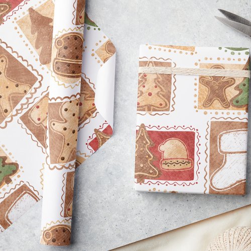  Festive Gingerbread Postage Stamp Motif  Wrapping Paper