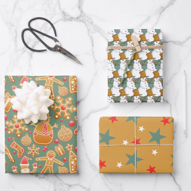 Festive Gingerbread, Snowman & Stars Christmas Wrapping Paper Sheets (Front)