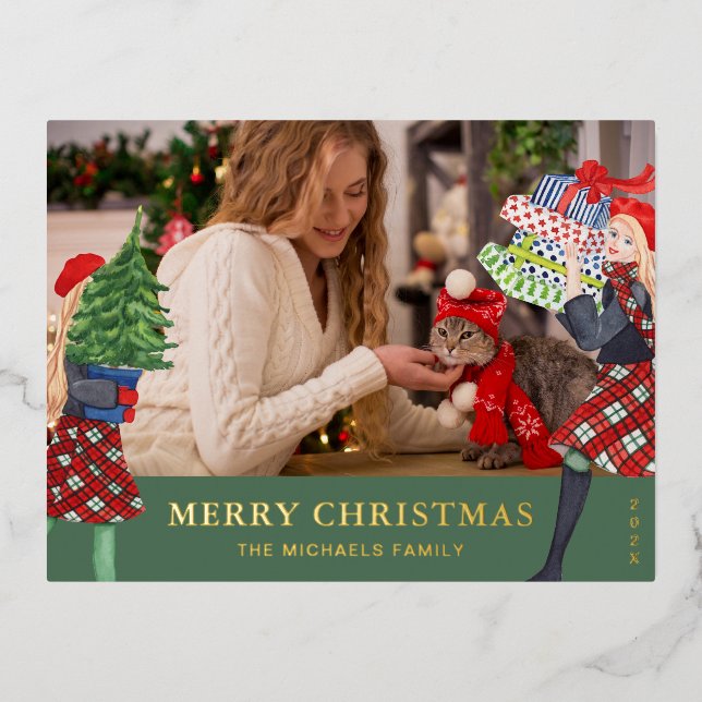 Festive Girl Christmas Illustration Photo Green Foil Holiday Postcard (Front)
