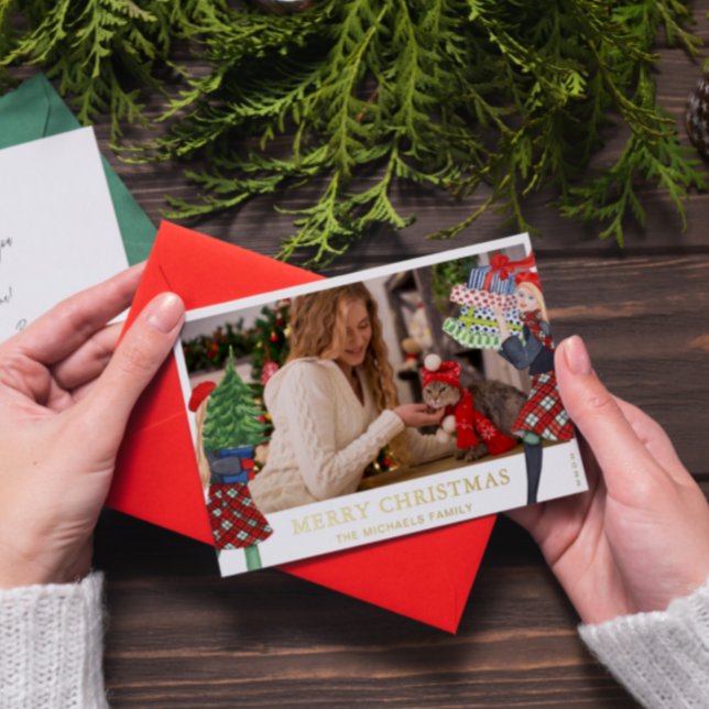 Festive Girl Christmas Illustration with Photo Foil Holiday Card (Creator Uploaded)
