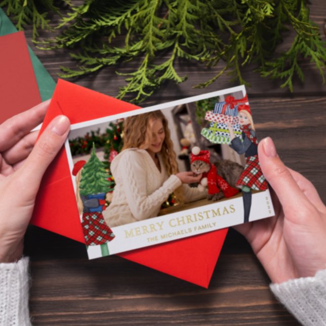 Festive Girl Christmas Illustration with Photo Red Foil Holiday Card (Creator Uploaded)