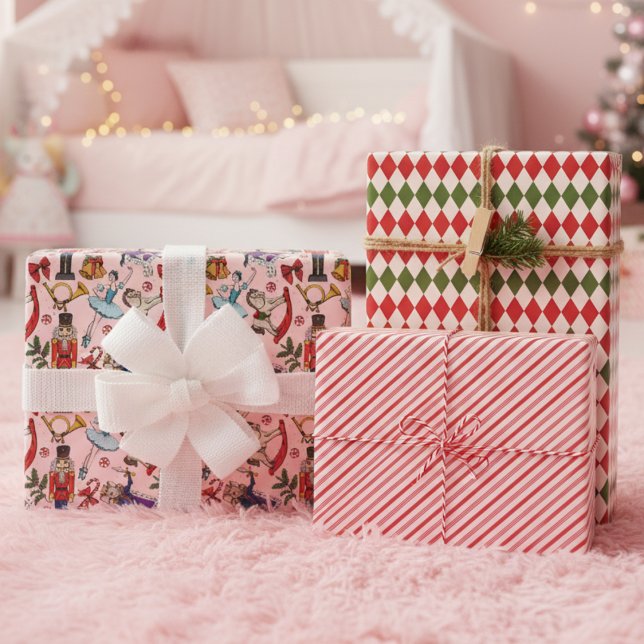 Festive Girly Red and Pink Christmas Nutcracker Wrapping Paper Sheets (Girly Pink Nutcracker Ballet Christmas Gift Wrap Nutcracker, Sugar Plum Fairy, Stripes, Diamonds)