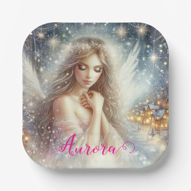 Festive Girly Watercolor Ethereal Frost Snow Angel Paper Plates (Front)