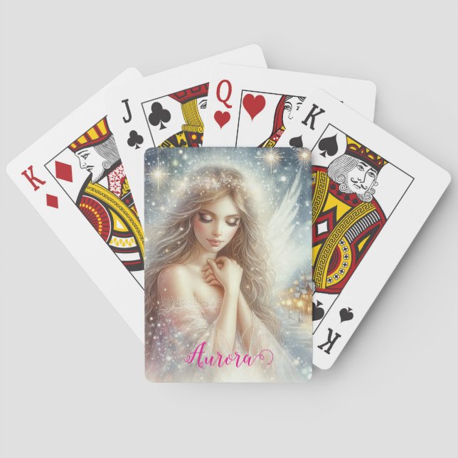 Festive Girly Watercolor Ethereal Frost Snow Angel Poker Cards (Back)