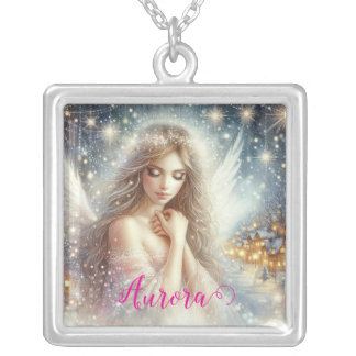 Festive Girly Watercolor Ethereal Frost Snow Angel Silver Plated Necklace