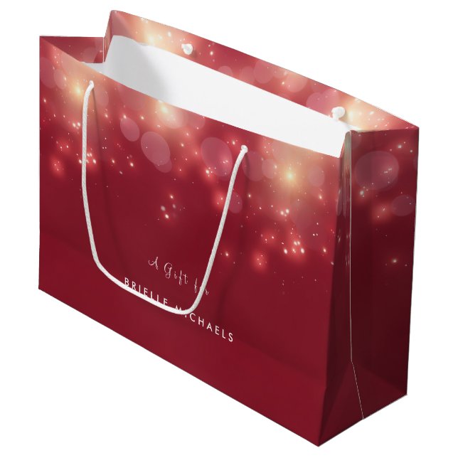 Festive Glam Red Bokeh Glitter Sparkles and Name Large Gift Bag (Front Angled)