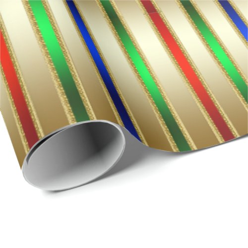 Festive Glam Stripes Red Blue Green Gold Wrapping Paper