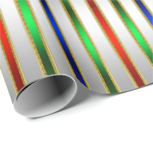 Festive Glam Stripes Red Blue Green Silver Wrapping Paper