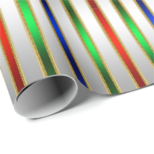 Festive Glam Stripes Red Blue Green Silver Wrapping Paper (Roll Corner)