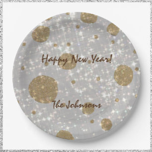 Festive Glitter Silver & Gold Happy New Year Paper Plates