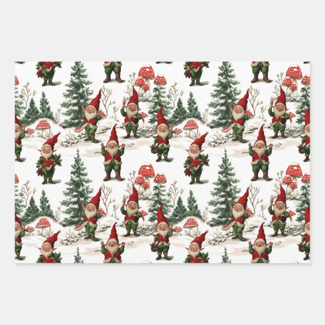 Festive Gnome and Mushroom Woodland Christmas Wrapping Paper Sheets (Front 3)