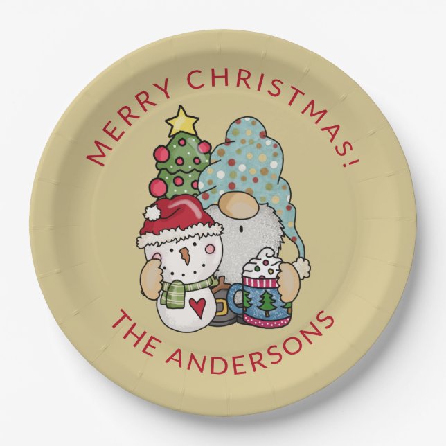 Festive Gnome Snowman Christmas Paper Plates (Front)