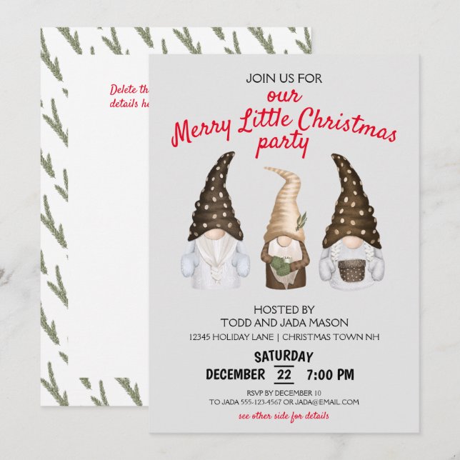 Festive Gnomes Merry Little Christmas Party Gray Invitation (Front/Back)