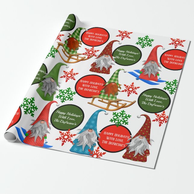 Festive Gnomes Personalized Holiday Wrapping Paper (Unrolled)