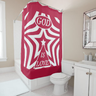 Festive God Is Love Star Red & White Christmas Shower Curtain