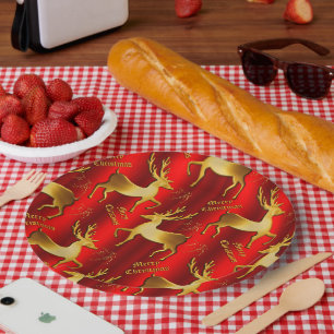 Festive Gold and Red Reindeer Christmas Paper Plates